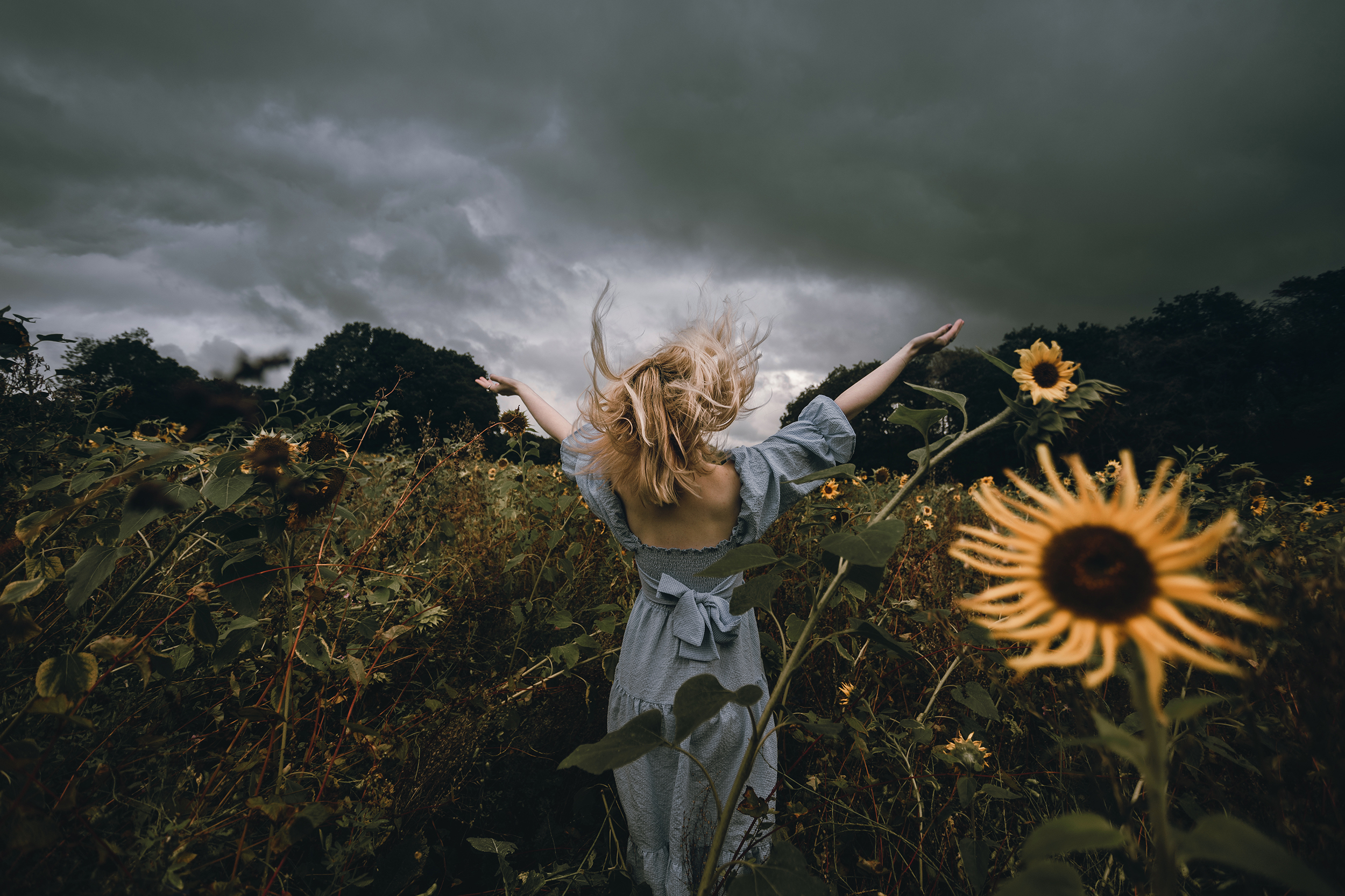 Photo d'une femme dans un champ de tournesol dans une ambiance moody