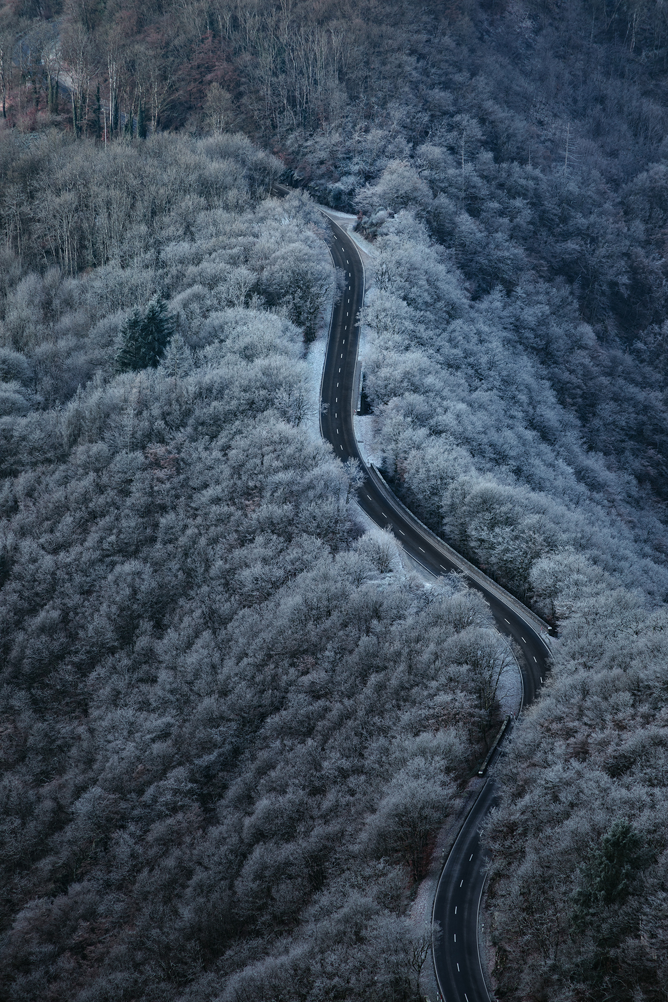 Photo d'une route enneigée menant au château de Bourscheid au Luxembourg