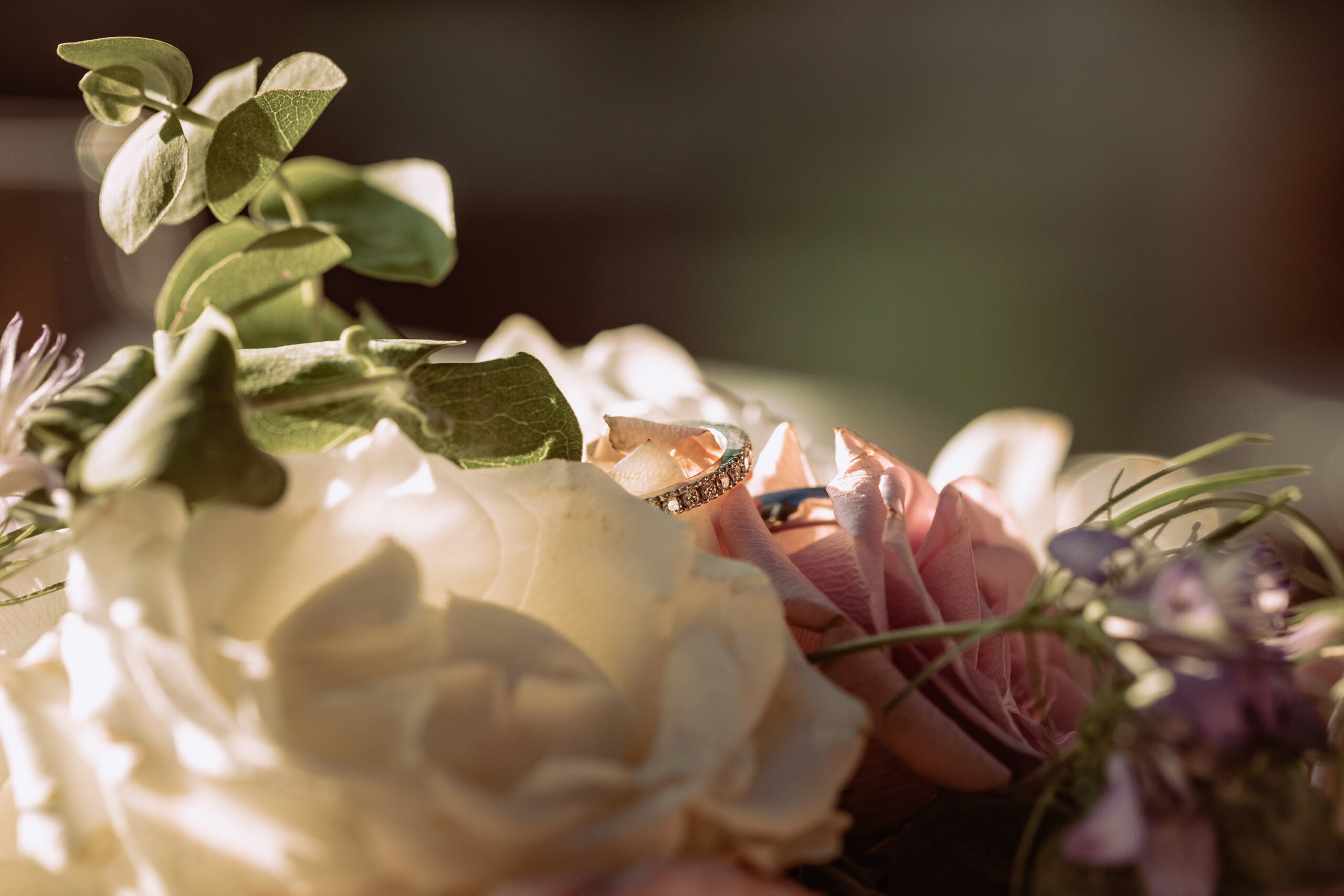 Photo macro d'une alliance de mariage posée sur des fleurs