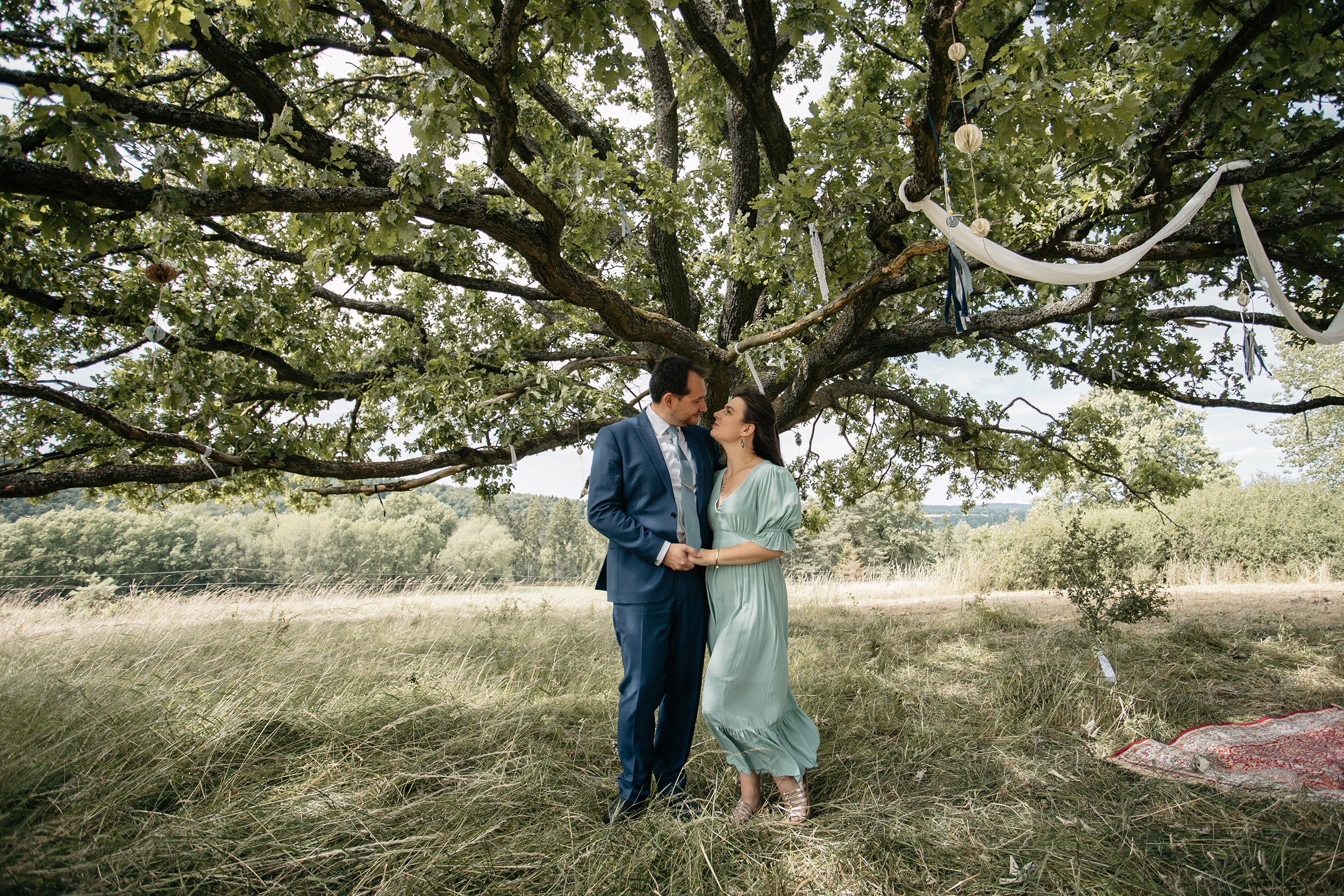 Couple se tenant la main sous un chêne ancien lors d'une séance engagement